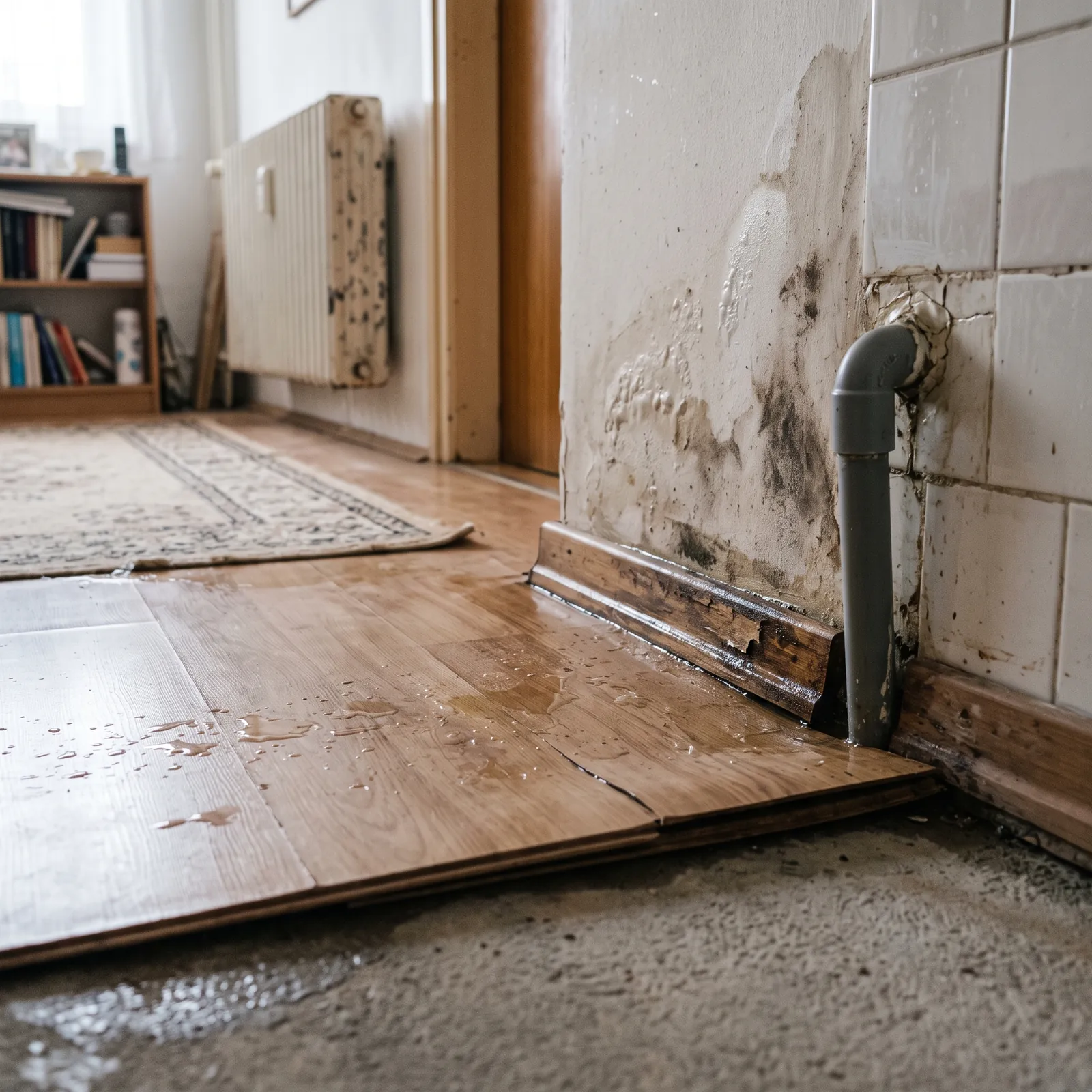 Felpúposodott, vizes laminált padló rejtett csőtörés miatt